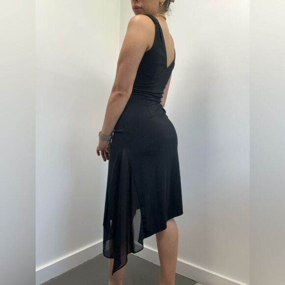 Express Vintage 90's/Y2K Black Asymmetric Ruched Sleeveless V-neck Dress Size S - Picture 5 of 9